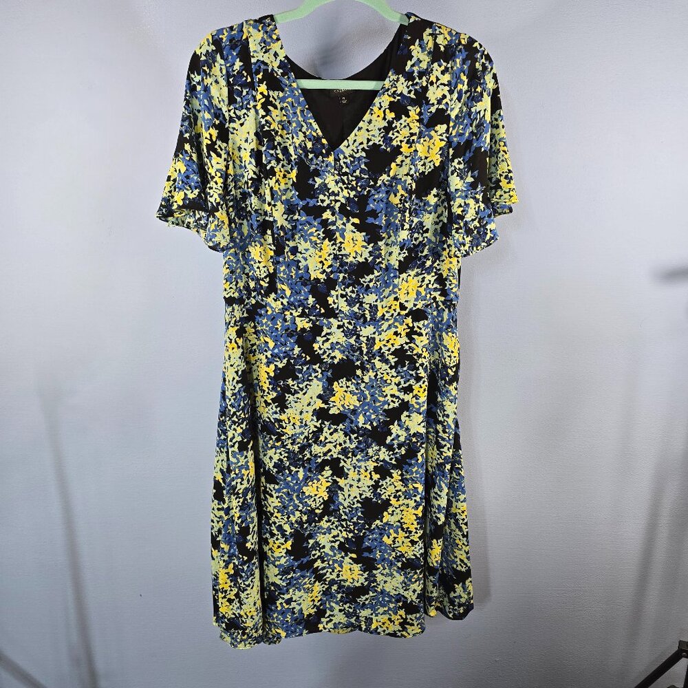Talbots Chiffon Blue Yellow Blk V-Neck Ruffle Sleeve Lined Dress Size 12 (Q-14)